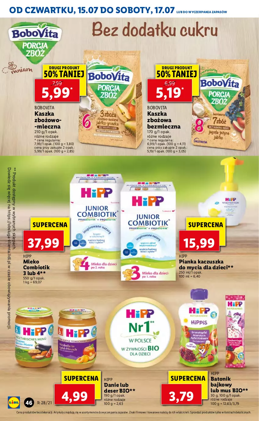 Gazetka promocyjna Lidl - GAZETKA - ważna 15.07 do 17.07.2021 - strona 46 - produkty: Baton, BoboVita, Deser, Dzieci, HiPP, Mleko, Mus, Ser, Tonik