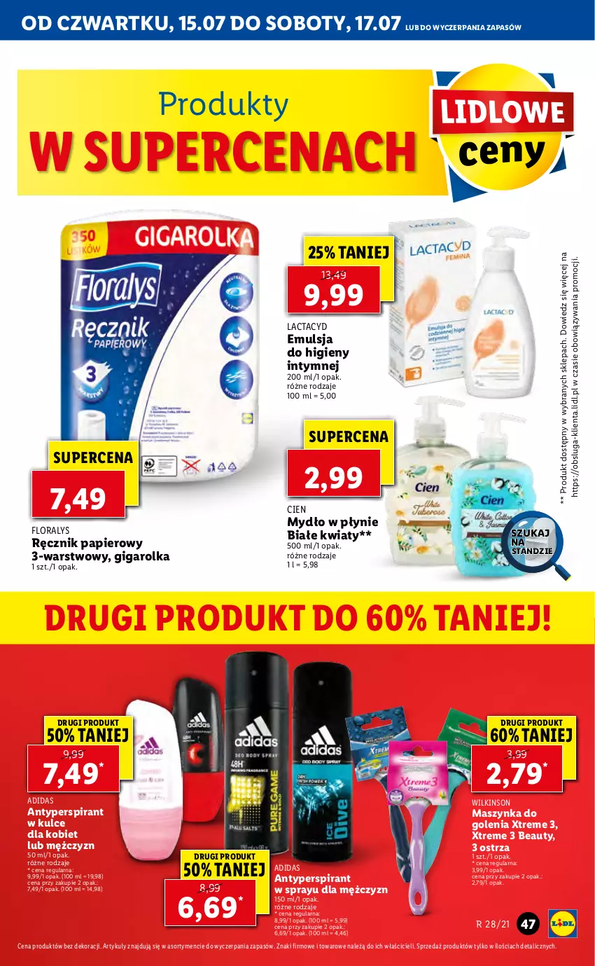 Gazetka promocyjna Lidl - GAZETKA - ważna 15.07 do 17.07.2021 - strona 47 - produkty: Adidas, Antyperspirant, Emulsja, Flora, Lactacyd, Maszynka, Maszynka do golenia, Mydło, Mydło w płynie, Papier, Ręcznik, Szynka