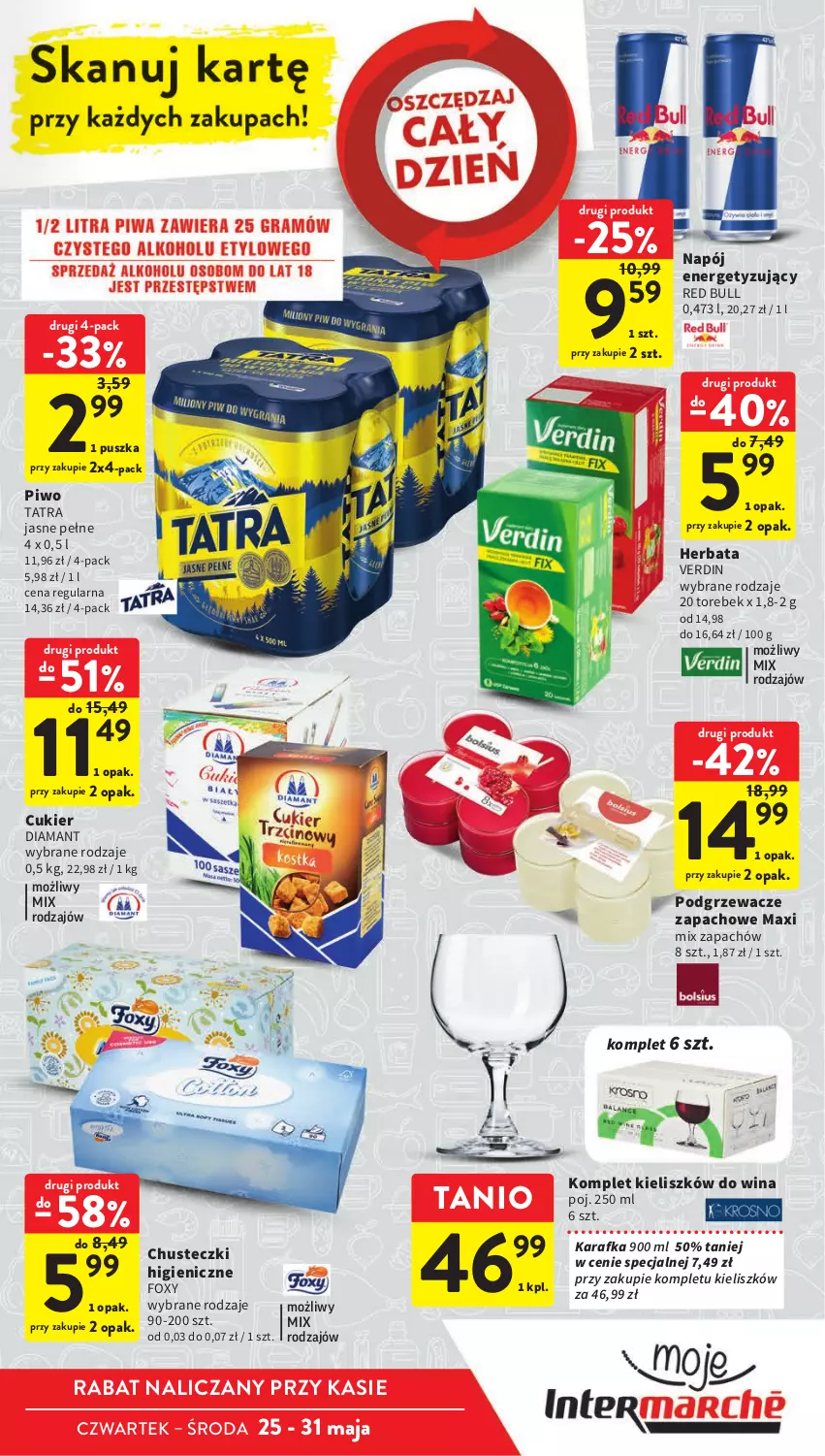 Gazetka promocyjna Intermarche - Gazetka Intermarche - ważna 25.05 do 31.05.2023 - strona 13 - produkty: Chusteczki, Cukier, Diamant, Foxy, Herbata, Karafka, Napój, Piwo, Podgrzewacze, Red Bull, Tatra