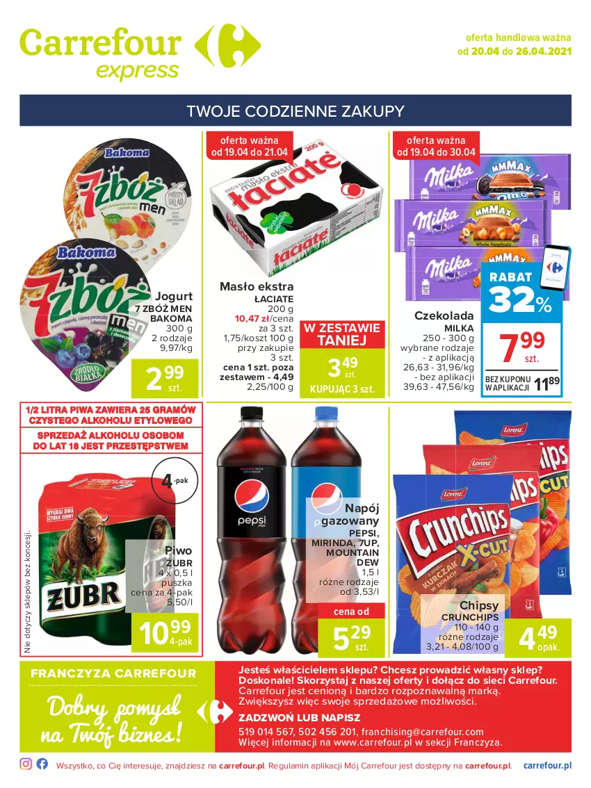 Gazetka promocyjna Carrefour - Gazetka Express - ważna 19.04 do 26.04.2021 - strona 2 - produkty: 7up, Bakoma, Chipsy, Crunchips, Czekolada, Gra, Jogurt, Kosz, Masło, Milka, Mirinda, Napój, Napój gazowany, Pepsi, Piwa, Piwo