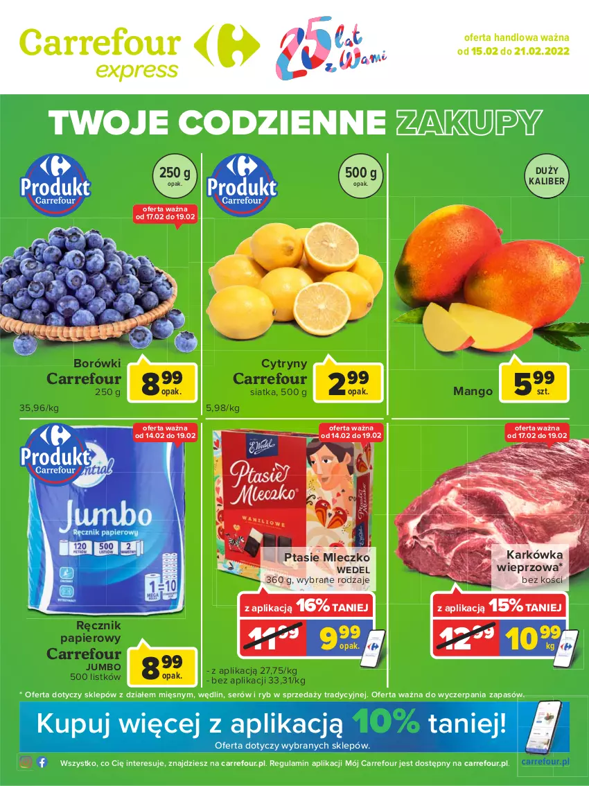 Gazetka promocyjna Carrefour - Gazetka Express - ważna 08.02 do 14.02.2022 - strona 1 - produkty: Cytryny, Karkówka wieprzowa, Mango, Mleczko, Papier, Ptasie mleczko, Ręcznik, Ser, Siatka