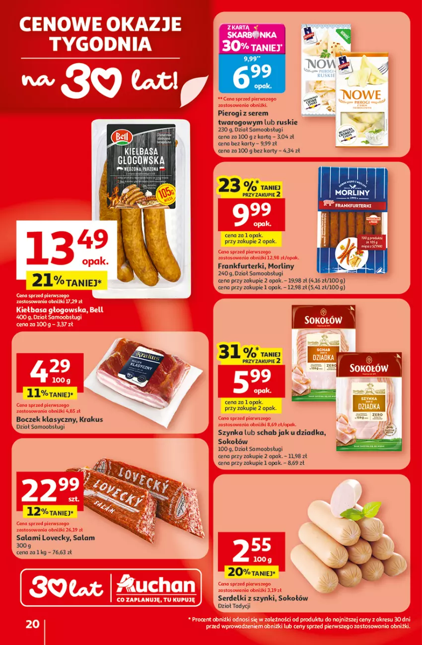 Gazetka promocyjna Auchan - Gazetka 30 Lat Hipermarket Auchan - ważna 19.02 do 25.02.2026 - strona 20 - produkty: Boczek, Frankfurterki, Krakus, Morliny, Pierogi, Salami, Ser, Serdelki, Sok, Sokołów, Szynka