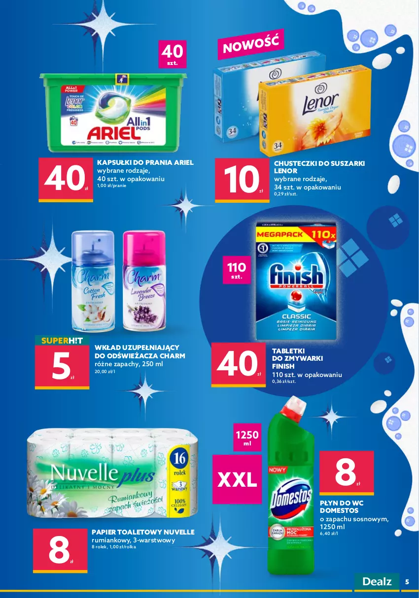 Gazetka promocyjna Dealz - Nowa Gazetka Dealz! - sprawdź ofertę - ważna 25.08 do 07.09.2021 - strona 5 - produkty: Ariel, Chusteczki, Cif, Do mycia naczyń, Domestos, Finish, Kapsułki do prania, Lenor, Mleczko, Odświeżacz do zmywarki, Papier, Papier toaletowy, Płyn do mycia, Płyn do mycia naczyń, Płyn do wc, Pur, Rum, Sól, Sos, Suszarki, Tablet, Tabletki do zmywarki, Zmywarki