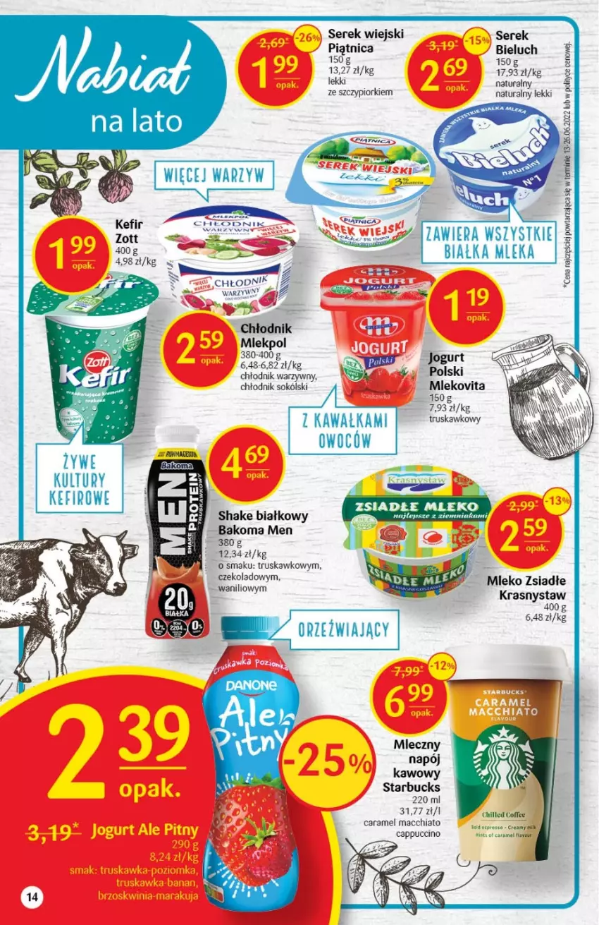 Gazetka promocyjna Delikatesy Centrum - Gazetka DC31 - ważna 11.08 do 17.08.2022 - strona 14 - produkty: Bakoma, Bieluch, Cappuccino, Chia, Jogurt, Kawa, Kefir, Mleko, Mleko zsiadłe, Mlekovita, Napój, Piątnica, Ser, Serek, Serek wiejski, Sok, Taca