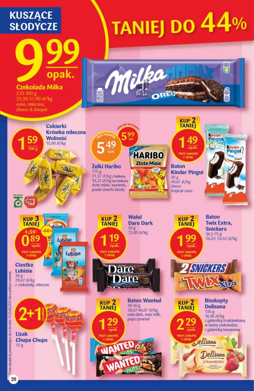 Gazetka promocyjna Delikatesy Centrum - Gazetka DC31 - ważna 11.08 do 17.08.2022 - strona 20 - produkty: Baton, Biszkopty, Chupa Chups, Ciastka, Cukier, Cukierki, Fa, Gala, Haribo, Isana, Kinder, Lubisie, Snickers, Tropical, Twix