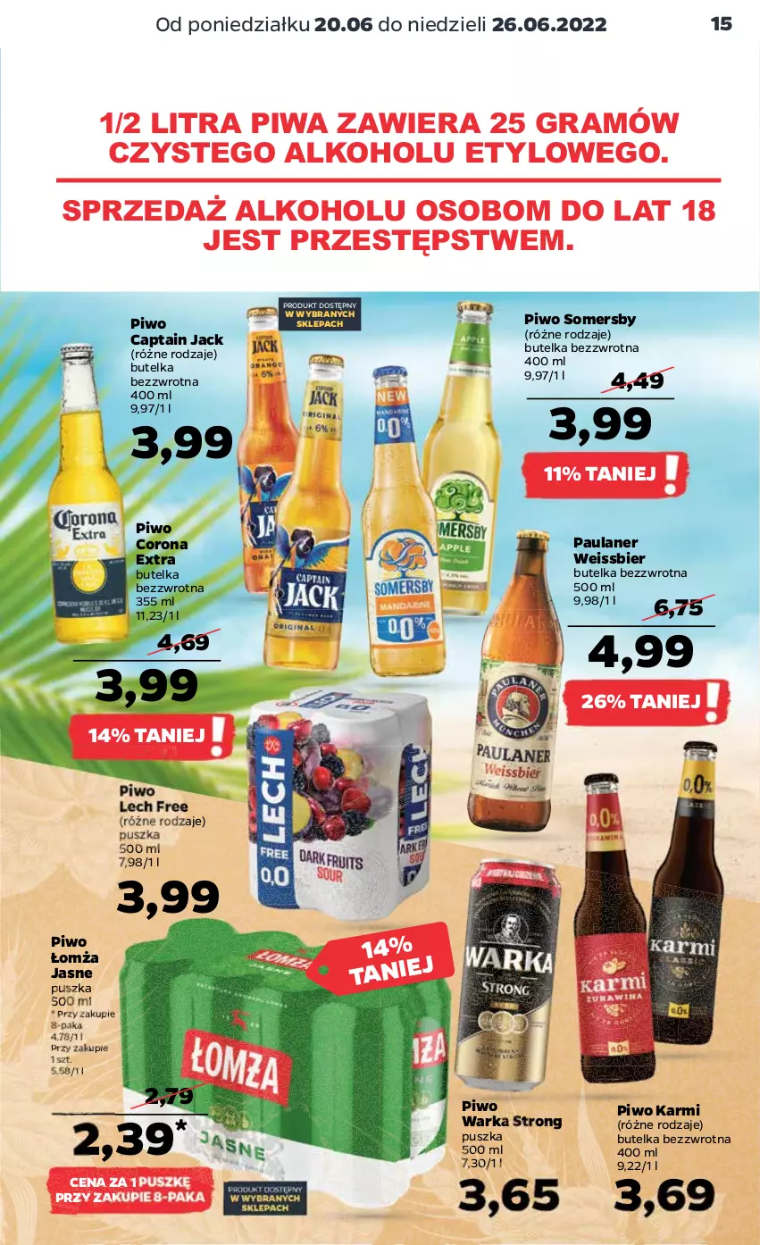 Gazetka promocyjna Netto - Gazetka spożywcza 20.06-26.06 - ważna 20.06 do 26.06.2022 - strona 15 - produkty: Captain Jack, Corona Extra, Gra, Karmi, Piwa, Piwo, Somersby, Warka