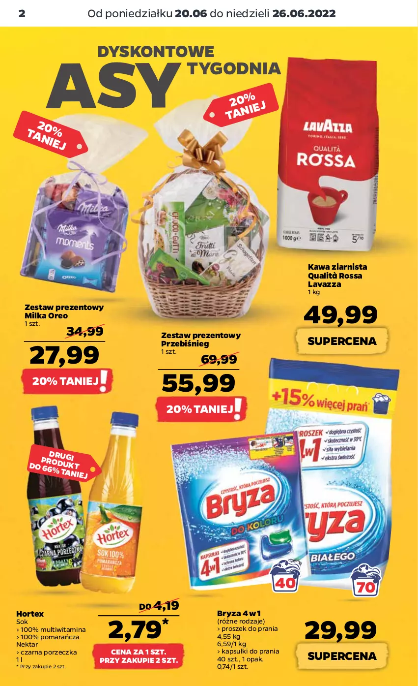 Gazetka promocyjna Netto - Gazetka spożywcza 20.06-26.06 - ważna 20.06 do 26.06.2022 - strona 2 - produkty: Bryza, Hortex, Kapsułki do prania, Kawa, Kawa ziarnista, Lavazza, Milka, Nektar, Oreo, Por, Proszek do prania, Sok, Zestaw prezentowy