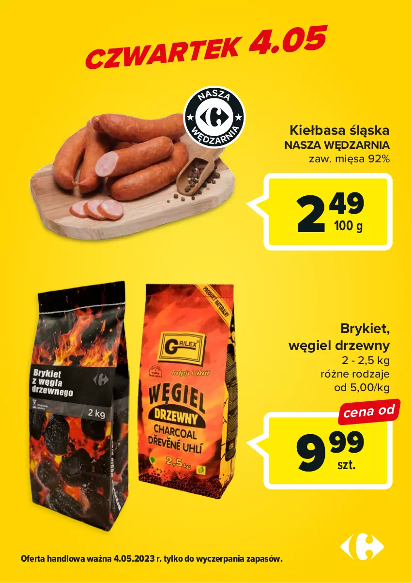 Gazetka promocyjna Carrefour - Gazetka Carrefour ma oferty dnia - ważna 04.05 do 06.05.2023 - strona 2 - produkty: Kiełbasa, Kiełbasa śląska, Węgiel drzewny