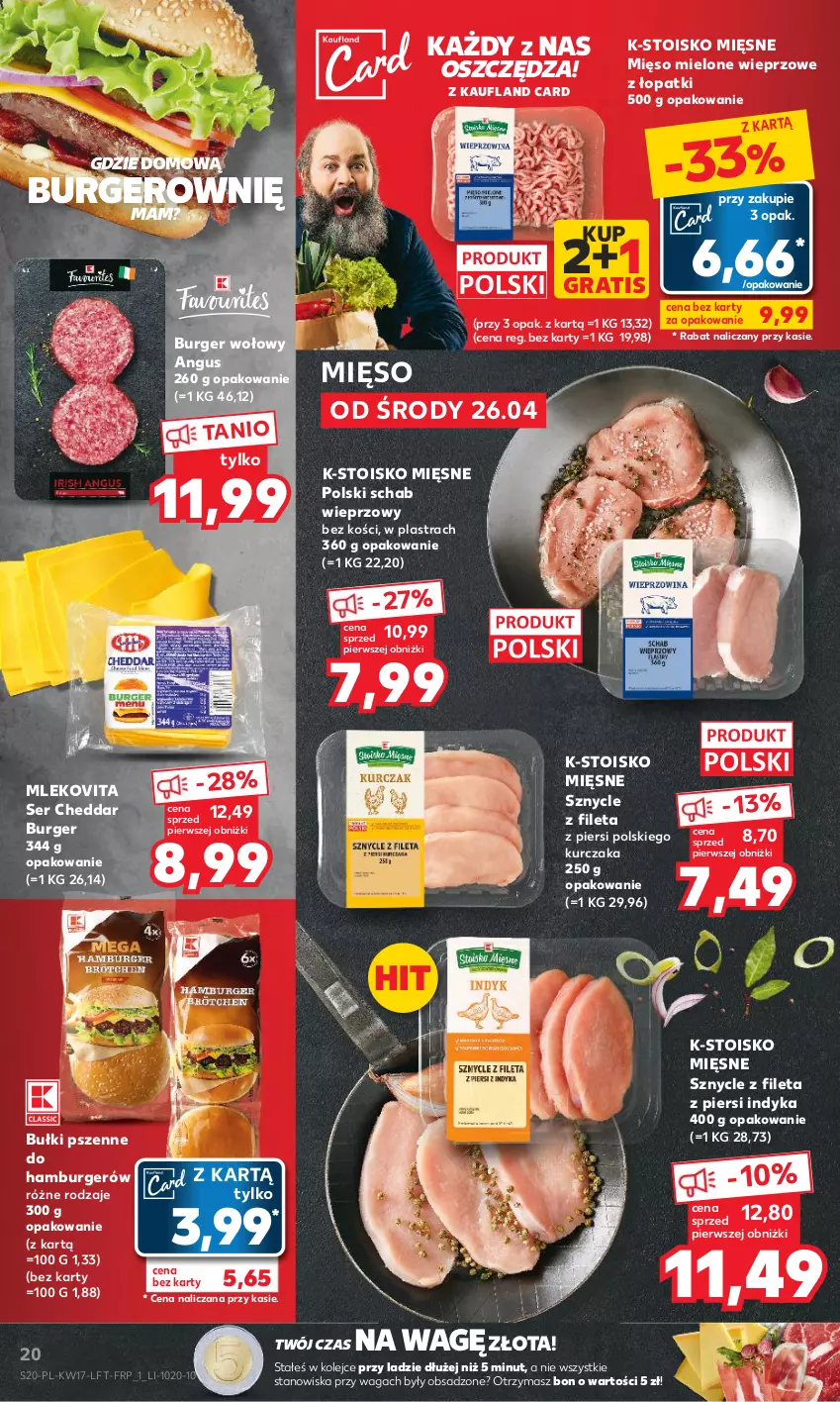 Gazetka promocyjna Kaufland - Gazetka tygodnia - ważna 26.04 do 02.05.2023 - strona 20 - produkty: Burger, Cheddar, Gra, Hamburger, Kurczak, Mięso, Mięso mielone, Mleko, Mlekovita, Olej, Schab wieprzowy, Ser, Waga