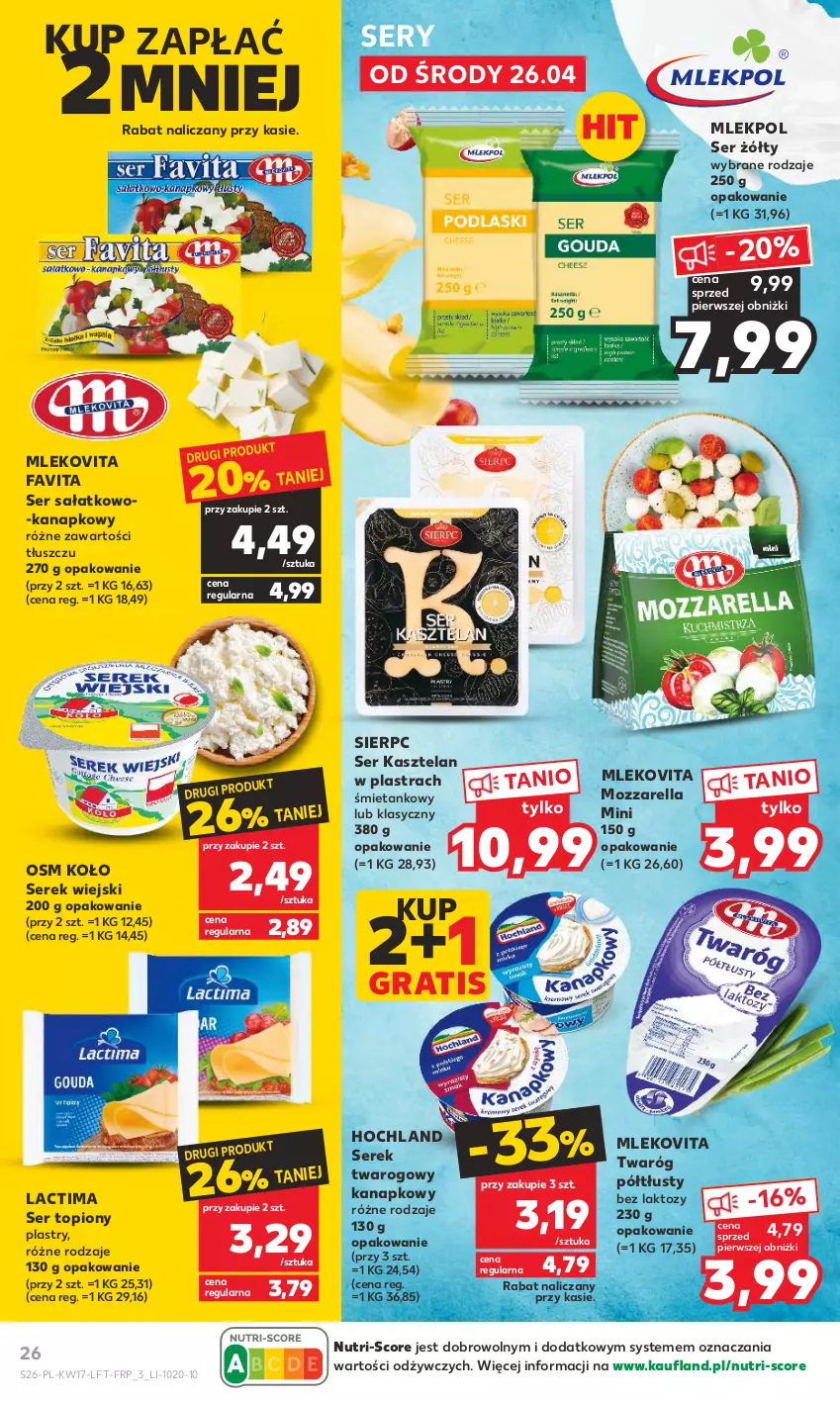 Gazetka promocyjna Kaufland - Gazetka tygodnia - ważna 26.04 do 02.05.2023 - strona 26 - produkty: Fa, Favita, Gra, Hochland, Kasztelan, Mleko, Mlekovita, Mozzarella, Sałat, Ser, Ser Kasztelan, Ser sałatkowo-kanapkowy, Ser topiony, Serek, Serek twarogowy, Serek wiejski, Top, Twaróg, Twaróg półtłusty