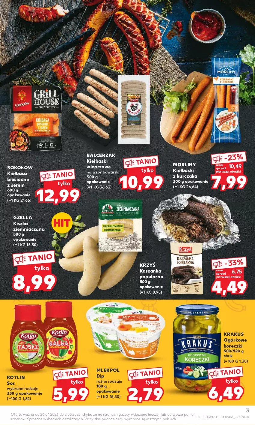 Gazetka promocyjna Kaufland - Gazetka tygodnia - ważna 26.04 do 02.05.2023 - strona 3 - produkty: Kasza, Kaszanka, Kiełbasa, Kiełbasa biesiadna, Kotlin, Krakus, Kurczak, Morliny, Ser, Sok, Sokołów, Sos