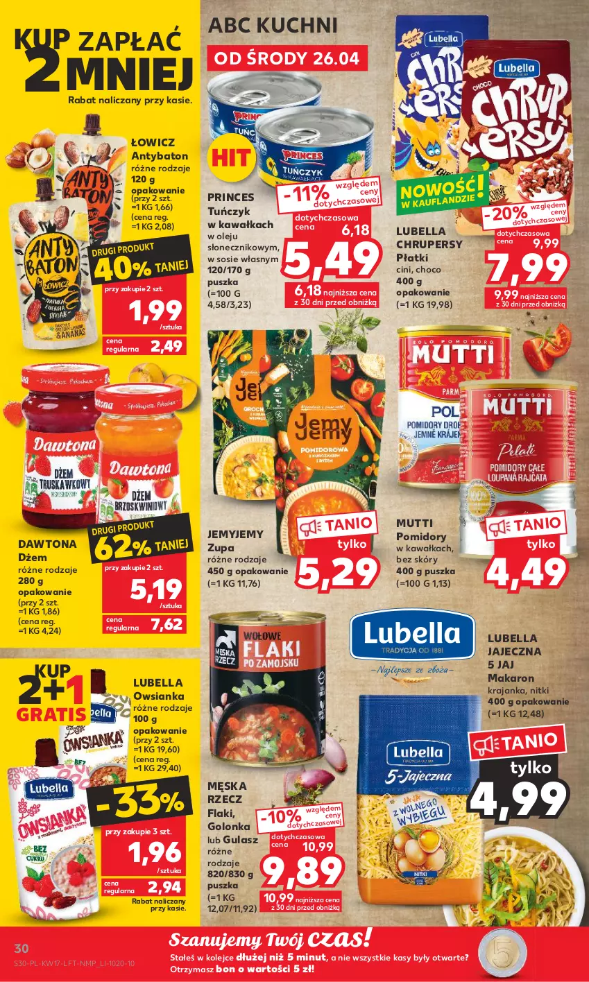 Gazetka promocyjna Kaufland - Gazetka tygodnia - ważna 26.04 do 02.05.2023 - strona 30 - produkty: Baton, Bell, Bella, Dawtona, Dżem, Flaki, Gra, Kawa, Lubella, Makaron, Olej, Owsianka, Pomidory, Sos, Tuńczyk, Zupa