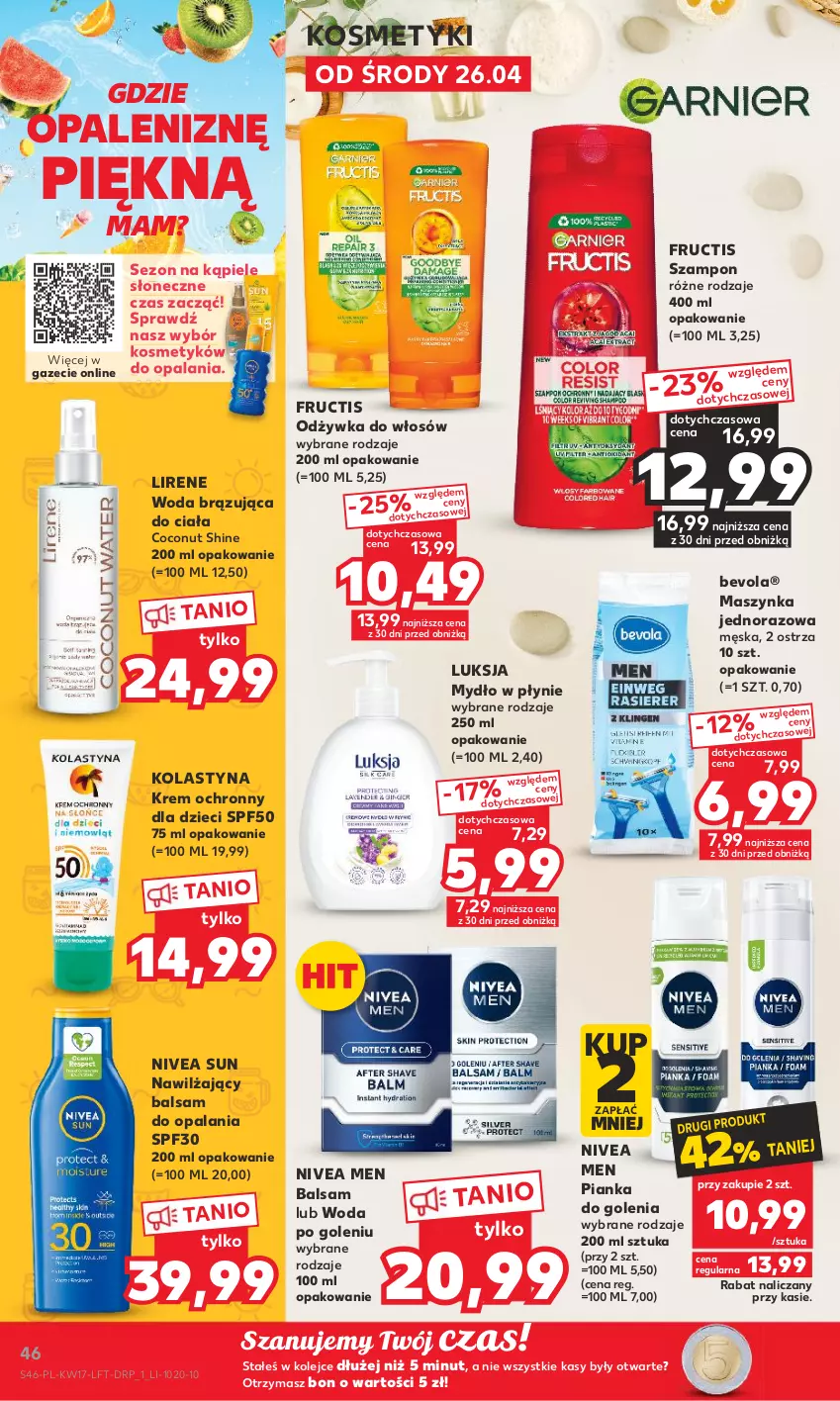 Gazetka promocyjna Kaufland - Gazetka tygodnia - ważna 26.04 do 02.05.2023 - strona 46 - produkty: Dzieci, Fructis, Lirene, Luksja, Maszynka, Mydło, Mydło w płynie, Nawilżający balsam, Nivea, Nivea Men, Odżywka, Olej, Pianka do golenia, Szampon, Szynka, Woda, Woda po goleniu