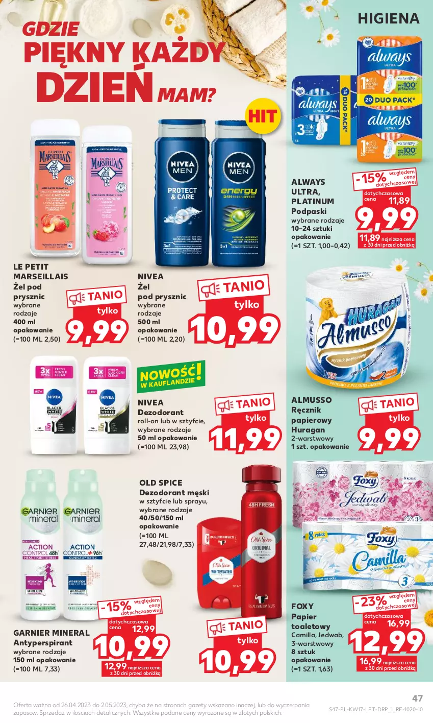 Gazetka promocyjna Kaufland - Gazetka tygodnia - ważna 26.04 do 02.05.2023 - strona 47 - produkty: Always, Always Ultra, Antyperspirant, Dezodorant, Foxy, Garnier, Mars, Mus, Nivea, Old Spice, Papier, Papier toaletowy, Podpaski, Ręcznik