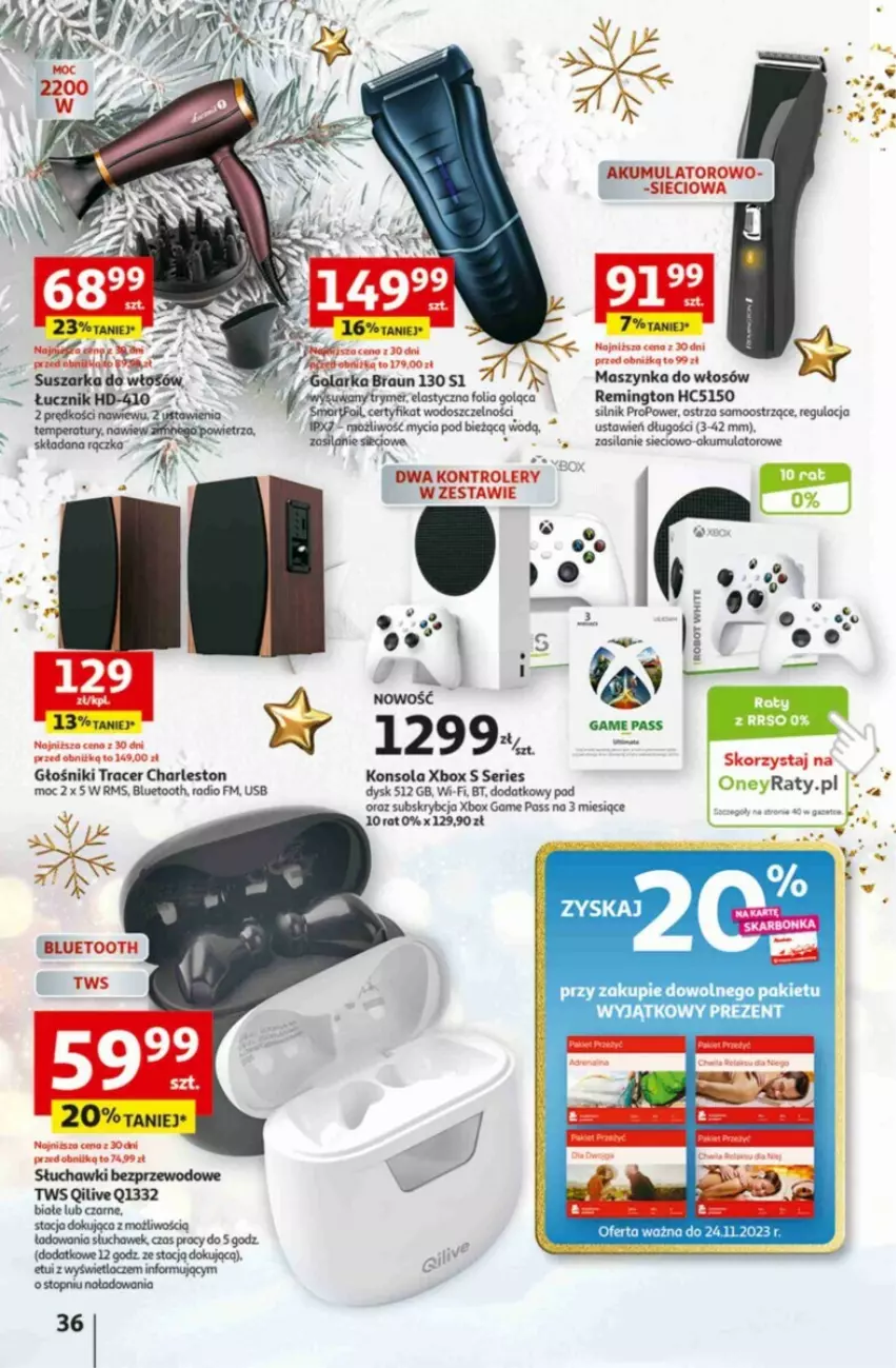 Gazetka promocyjna Auchan - ważna 16.11 do 22.11.2023 - strona 30 - produkty: Acer, Akumulator, Braun, Głośnik, Konsola, Kontroler, Maszynka, Remington, Ser, Silan, Słuchawki, Słuchawki bezprzewodowe, Suszarka, Szynka, Top, Xbox