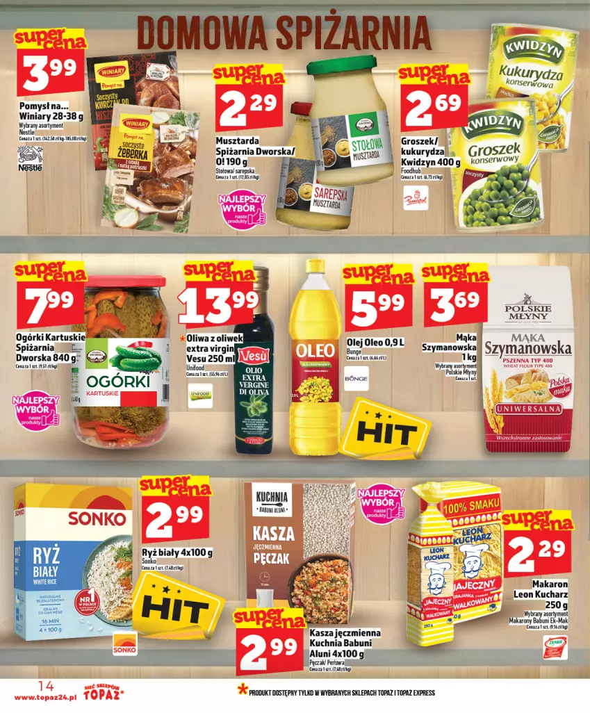 Gazetka promocyjna Topaz - Gazetka - ważna 05.03 do 11.03.2026 - strona 14 - produkty: Babuni, Groszek, Kasza, Kasza jęczmienna, Kuchnia, Kukurydza, Leon, Mąka, Makaron, Mus, Musztarda, Olej, Oleo, Polskie Młyny, Ser, Top, Winiary