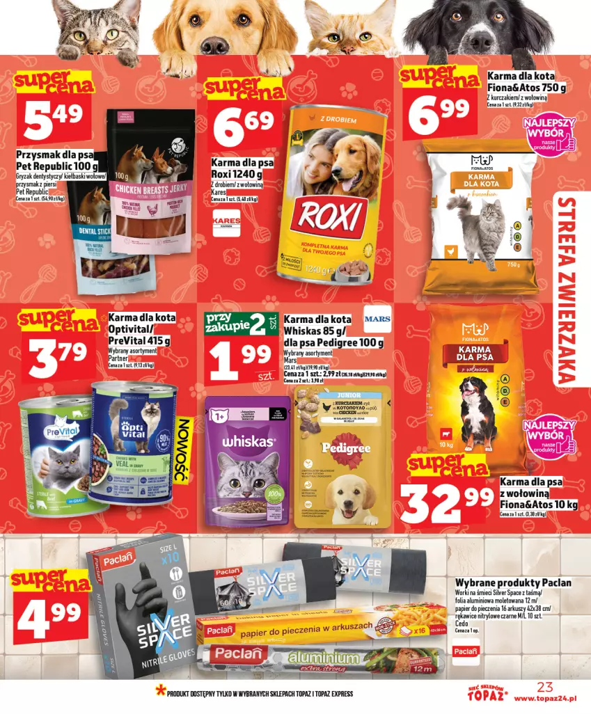 Gazetka promocyjna Topaz - Gazetka - ważna 05.03 do 11.03.2026 - strona 23 - produkty: Folia aluminiowa, Gry, Kurczak, Mars, Papier, Papier do pieczenia, Pedigree, Piec, Przysmak dla psa, Rękawice, Top, Whiskas, Worki na śmiec, Worki na śmieci