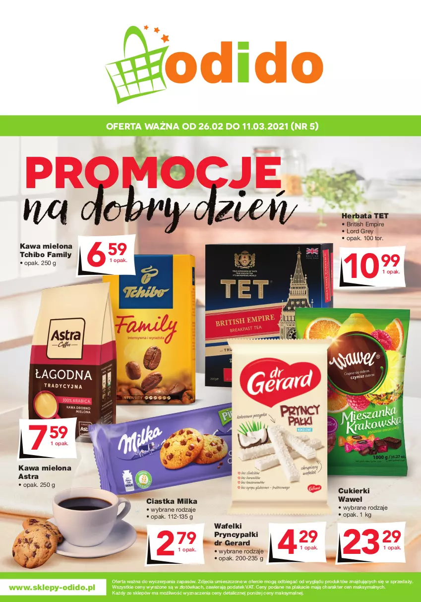 Gazetka promocyjna Odido - Super oferty! - ważna 26.02 do 11.03.2021 - strona 1 - produkty: Brit, Ciastka, Cukier, Cukierki, Dr Gerard, Fa, Herbata, Kawa, Kawa mielona, Milka, Tchibo, Tchibo Family, Wawel