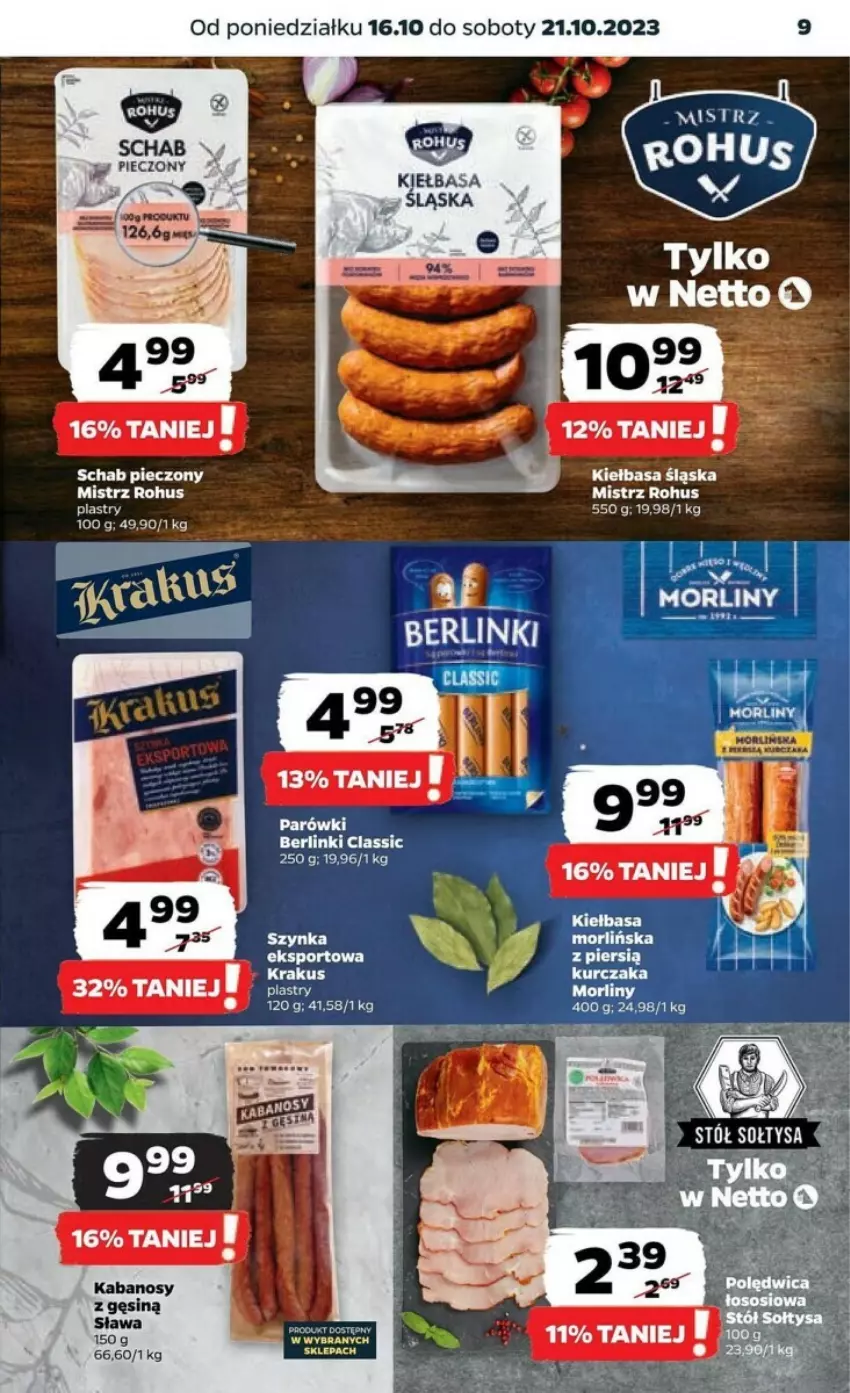 Gazetka promocyjna Netto - ważna 16.10 do 21.10.2023 - strona 15 - produkty: Berlinki, Kiełbasa, Krakus, Morliny, Piec, Por, Schab pieczony, Sport, STP, Szynka