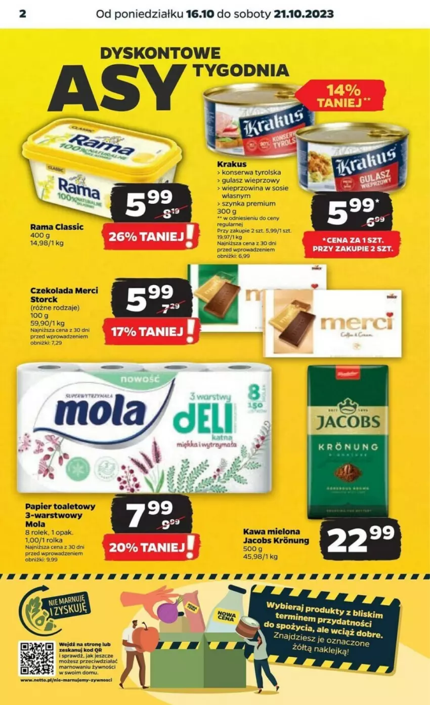 Gazetka promocyjna Netto - ważna 16.10 do 21.10.2023 - strona 8 - produkty: Cif, Czekolada, Jacobs, Kawa, Kawa mielona, Merci, Mola, Papier, Papier toaletowy, Rama, Ser, Sos, Szynka, Szynka premium, Wieprzowina