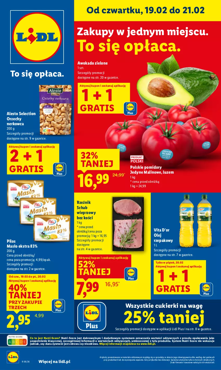 Gazetka promocyjna Lidl - GAZETKA - ważna 19.02 do 21.02.2026 - strona 1 - produkty: Cukier, Cukierki, Gra, Masło, Olej, Olej rzepakowy, Pilos, Pomidory, Schab wieprzowy