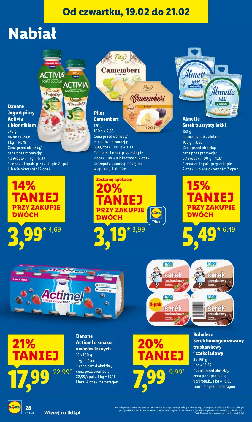 Gazetka promocyjna Lidl - GAZETKA - ważna 19.02 do 21.02.2026 - strona 28 - produkty: Actimel, Activia, Almette, Camembert, Danone, Jogurt, Jogurt pitny, Pilos, Rolmlecz, Ser, Serek, Serek homogenizowany, Serek puszysty