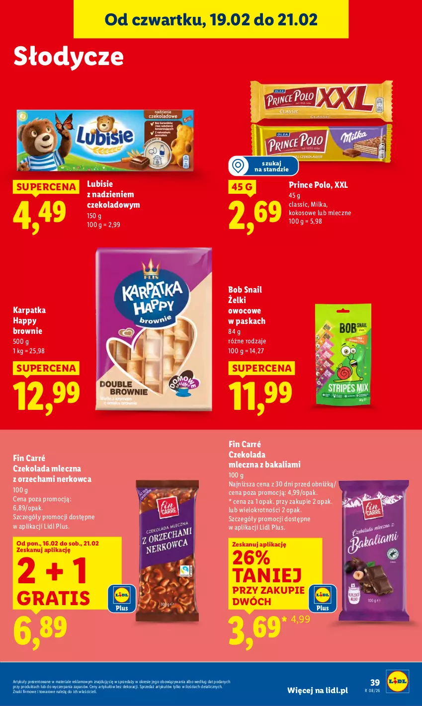 Gazetka promocyjna Lidl - GAZETKA - ważna 19.02 do 21.02.2026 - strona 39 - produkty: Brownie, Czekolada, Czekolada mleczna, Gra, Karp, Kokos, Lubisie, Milka, Prince Polo