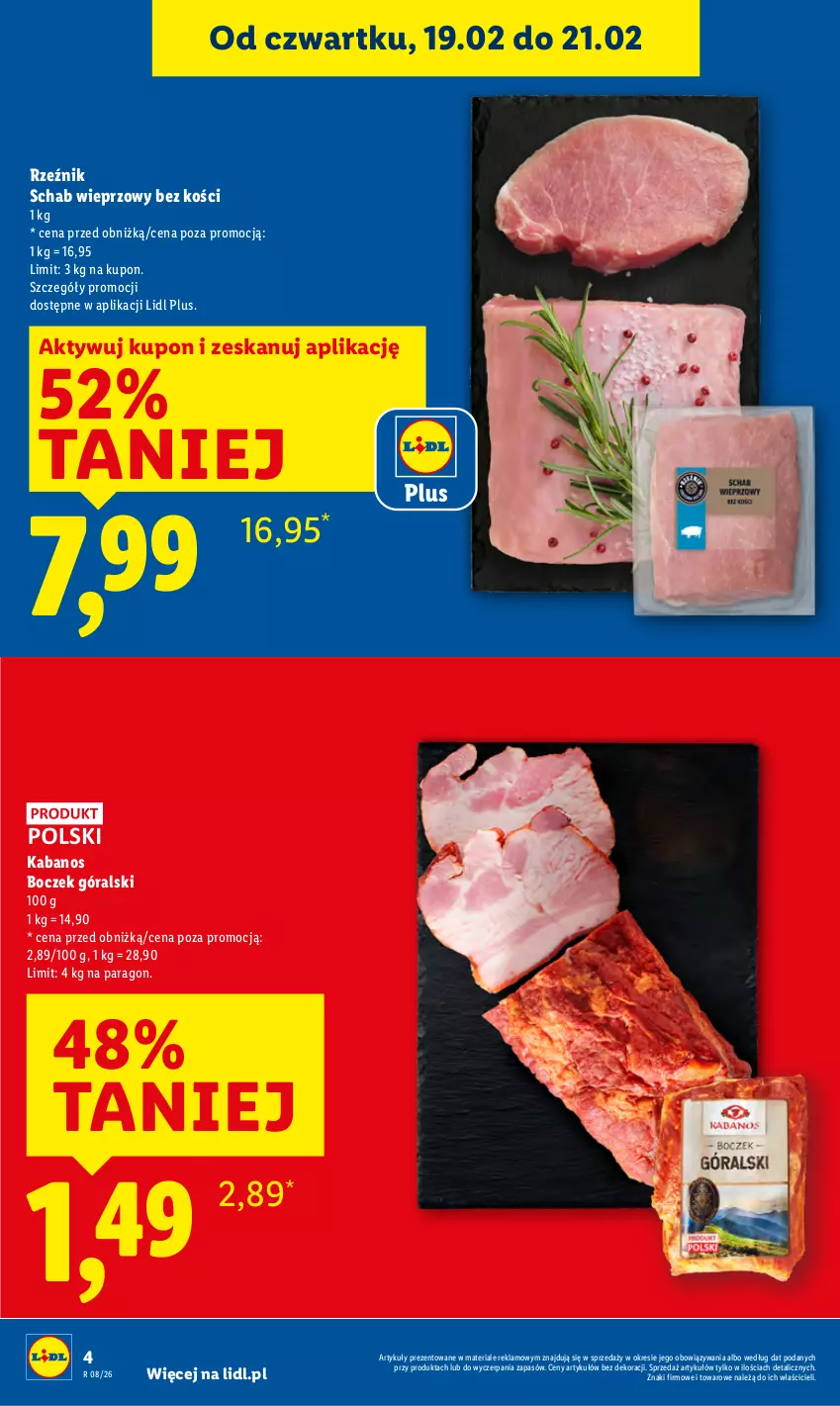 Gazetka promocyjna Lidl - GAZETKA - ważna 19.02 do 21.02.2026 - strona 4 - produkty: Boczek, Kabanos, Schab wieprzowy