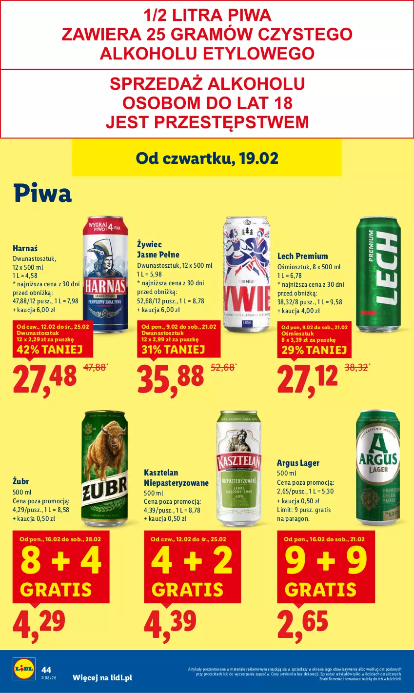 Gazetka promocyjna Lidl - GAZETKA - ważna 19.02 do 21.02.2026 - strona 44 - produkty: Gra, Harnaś, Kasztelan, Lech Premium, Piwa