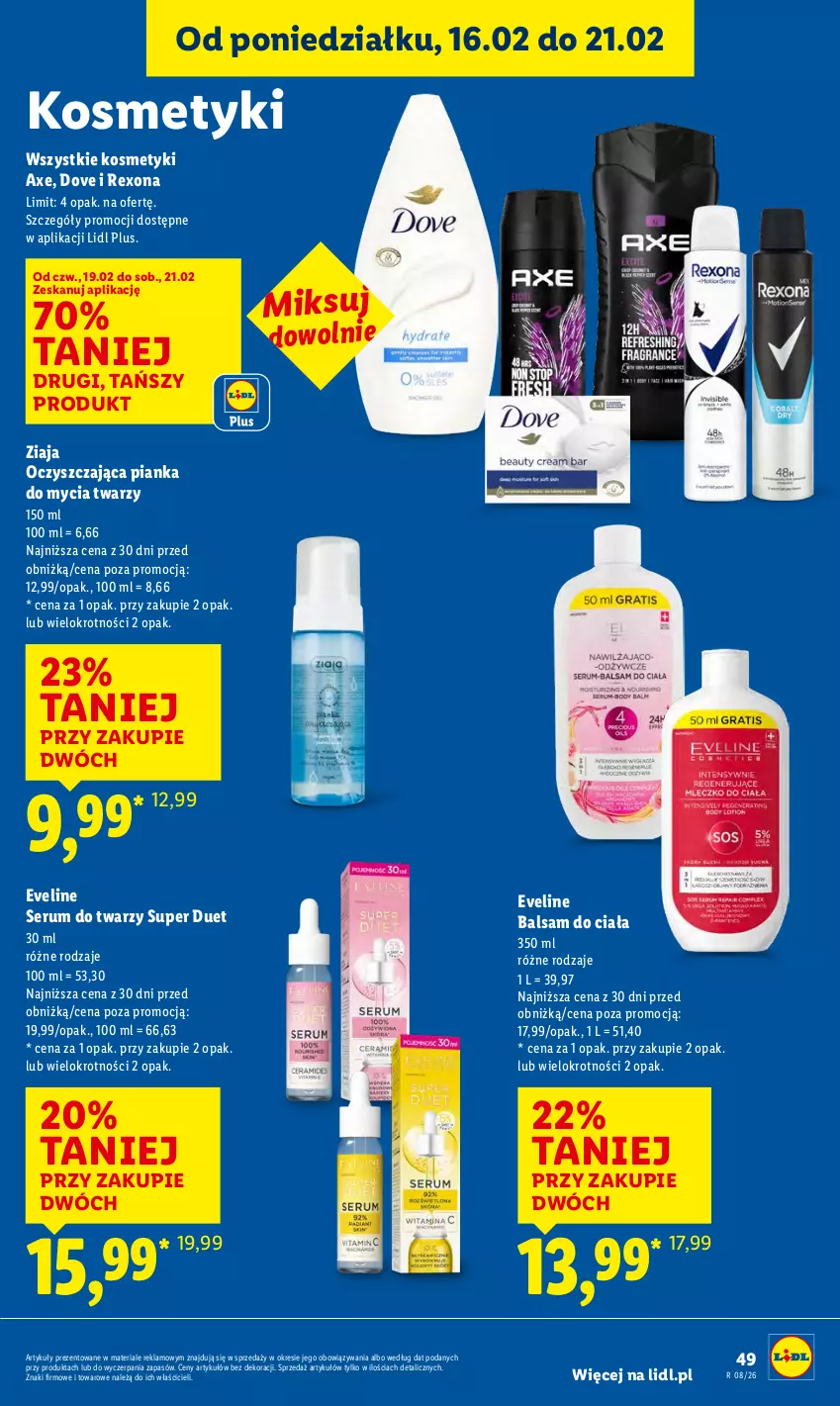 Gazetka promocyjna Lidl - GAZETKA - ważna 19.02 do 21.02.2026 - strona 49 - produkty: Balsam do ciała, Dove, Eveline, Pianka do mycia twarzy, Rexona, Rum, Ser, Serum, Serum do twarzy, Ziaja