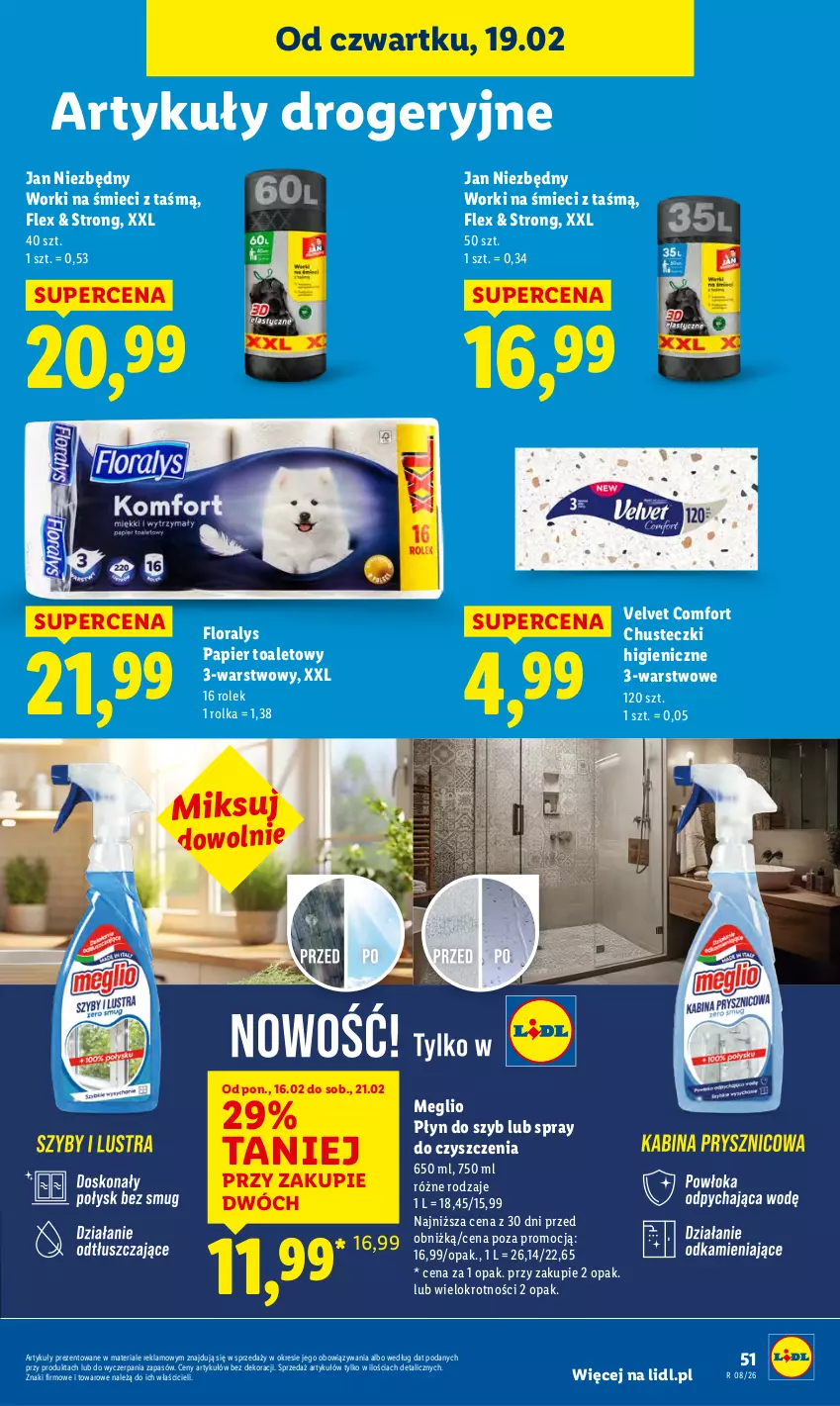 Gazetka promocyjna Lidl - GAZETKA - ważna 19.02 do 21.02.2026 - strona 51 - produkty: Chusteczki, Flora, Jan Niezbędny, Papier, Papier toaletowy, Płyn do szyb, Spray do czyszczenia, Velvet, Worki na śmiec, Worki na śmieci