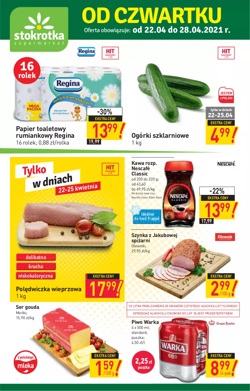 Gazetka promocyjna Stokrotka - Supermarket - ważna 22.04 do 29.04.2021 - strona 1 - produkty: Gin, Gouda, Gra, Kawa, Lack, Nescafé, Olewnik, Papier, Papier toaletowy, Piwa, Piwo, Polędwiczka wieprzowa, Rum, Ser, Szynka, Warka