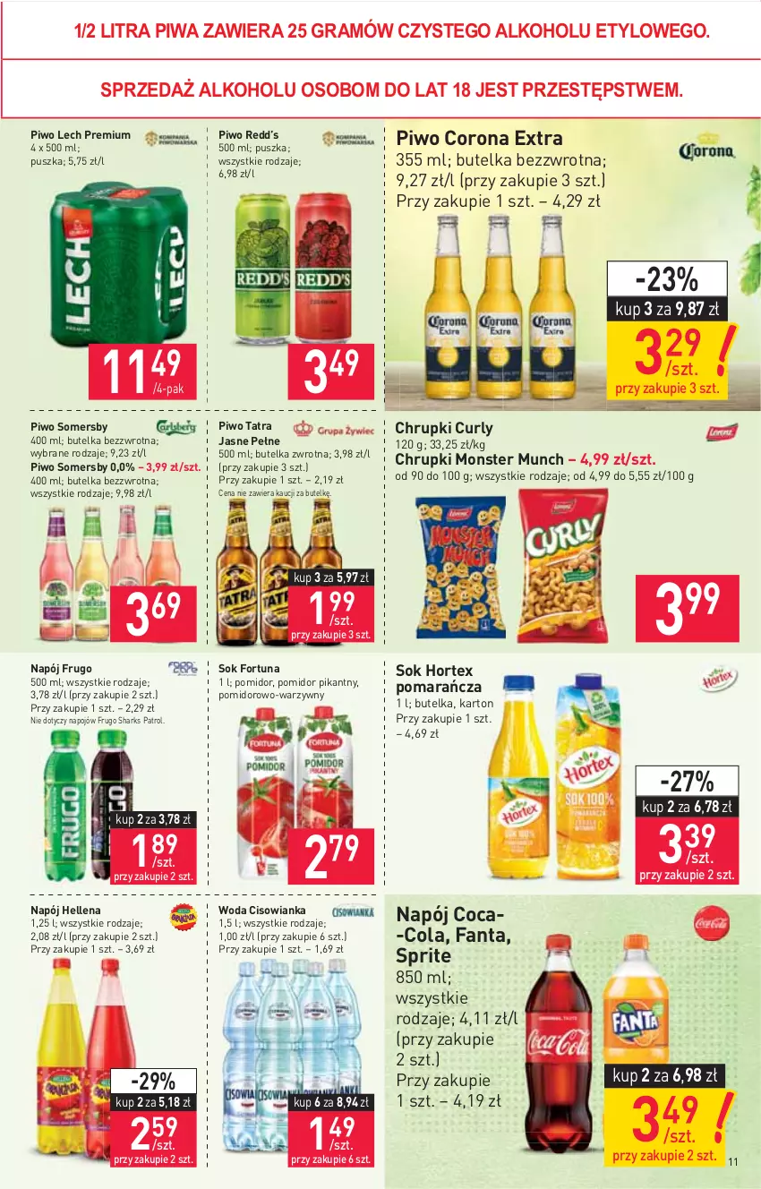 Gazetka promocyjna Stokrotka - Supermarket - ważna 22.04 do 29.04.2021 - strona 11 - produkty: Chrupki, Cisowianka, Coca-Cola, Corona Extra, Fa, Fanta, Fortuna, Gra, Hellena, Hortex, Lech Premium, Monster Munch, Napój, Piwa, Piwo, Sok, Somersby, Sprite, Tatra, Woda