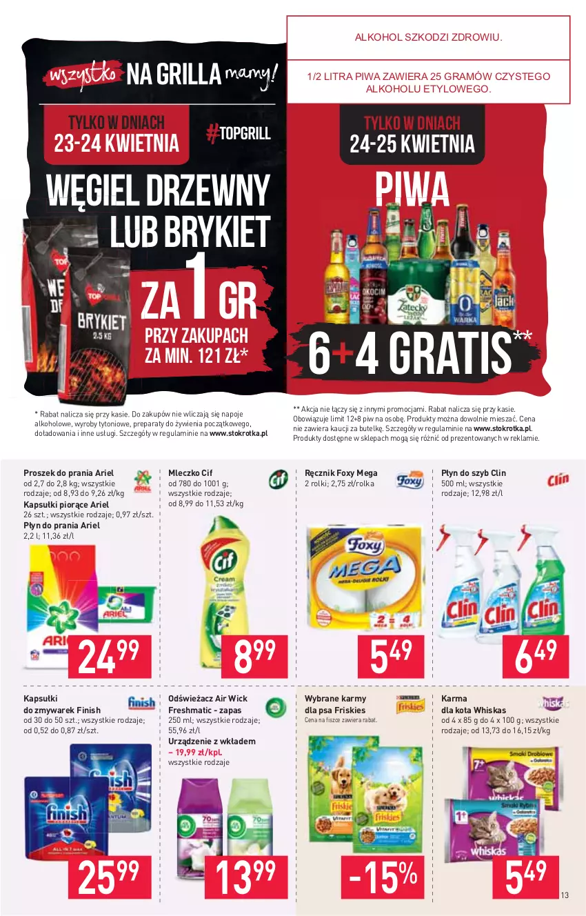 Gazetka promocyjna Stokrotka - Supermarket - ważna 22.04 do 29.04.2021 - strona 13 - produkty: Air Wick, Ariel, Cif, Clin, Finish, Foxy, Friskies, Gra, Mleczko, Napoje, Piwa, Płyn do prania, Płyn do szyb, Proszek do prania, Ręcznik, Rolki, Węgiel drzewny, Whiskas