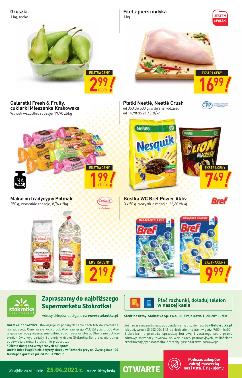 Gazetka promocyjna Stokrotka - Supermarket - ważna 22.04 do 29.04.2021 - strona 16 - produkty: Bref, Cukier, Cukierki, Filet z piersi indyka, Gala, Galaretki, Gruszki, Makaron, Nestlé, O nas, Olma, Telefon, Wagi, Wawel