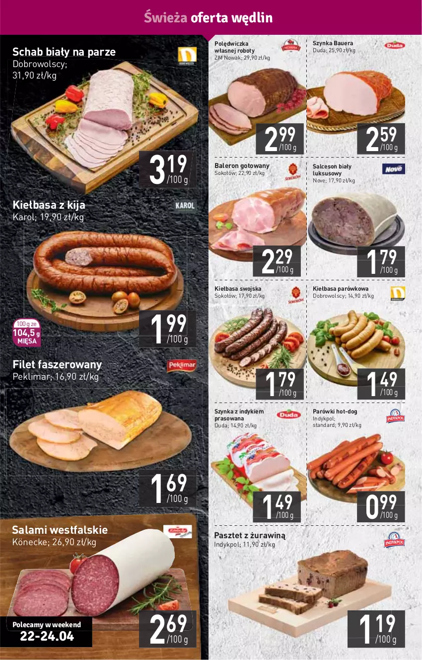 Gazetka promocyjna Stokrotka - Supermarket - ważna 22.04 do 29.04.2021 - strona 4 - produkty: Duda, Fa, HP, Kiełbasa, NOWAK, Parówki, Pasztet, Robot, Salami, Salceson, Sok, Sokołów, Szynka