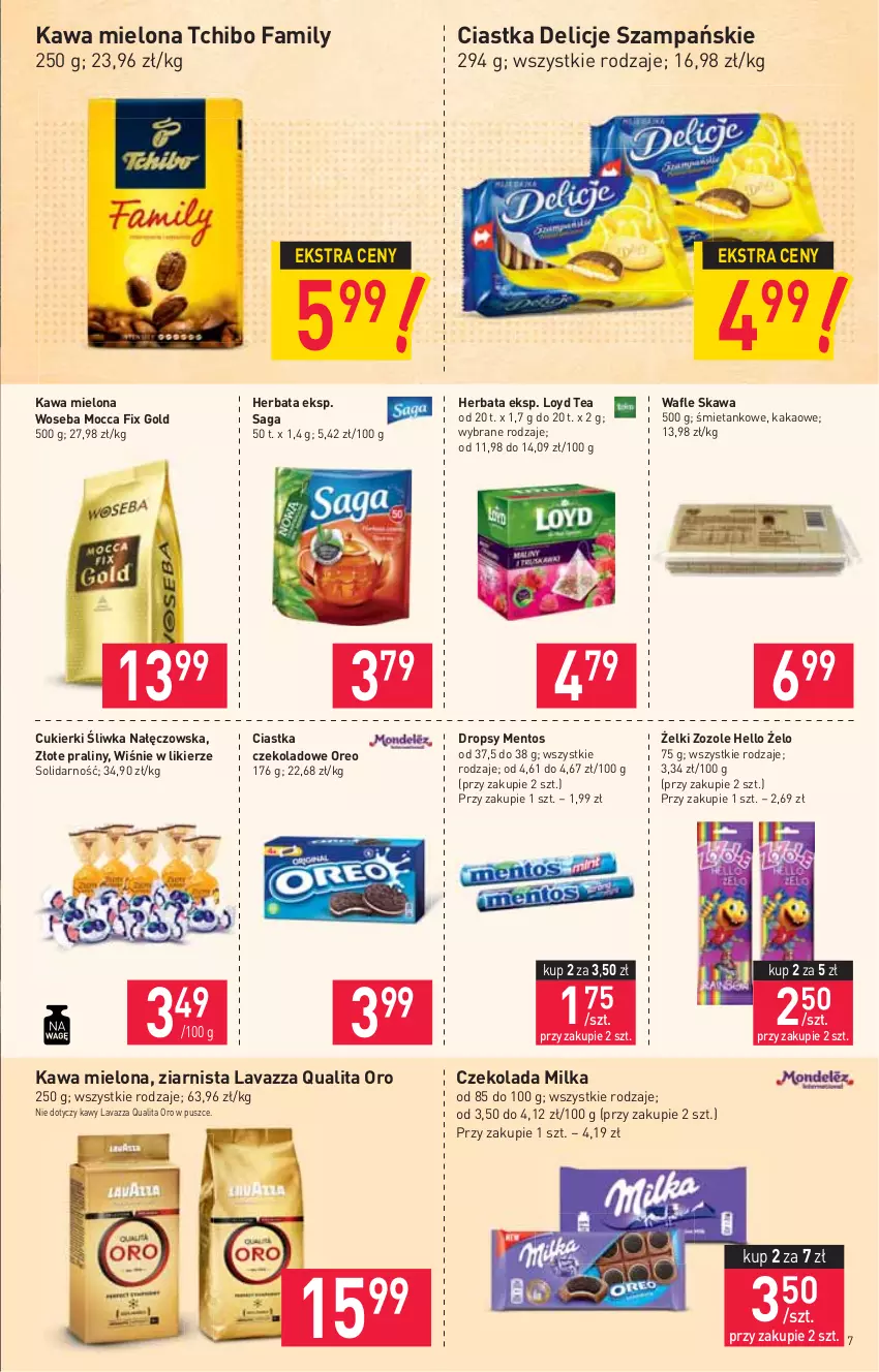 Gazetka promocyjna Stokrotka - Supermarket - ważna 22.04 do 29.04.2021 - strona 7 - produkty: Ciastka, Cukier, Cukierki, Czekolada, Delicje, Fa, Herbata, Kakao, Kawa, Kawa mielona, Lavazza, Likier, Loyd, Mentos, Milka, Mocca Fix Gold, Oreo, Praliny, Saga, Tchibo, Tchibo Family, Wafle, Woseba