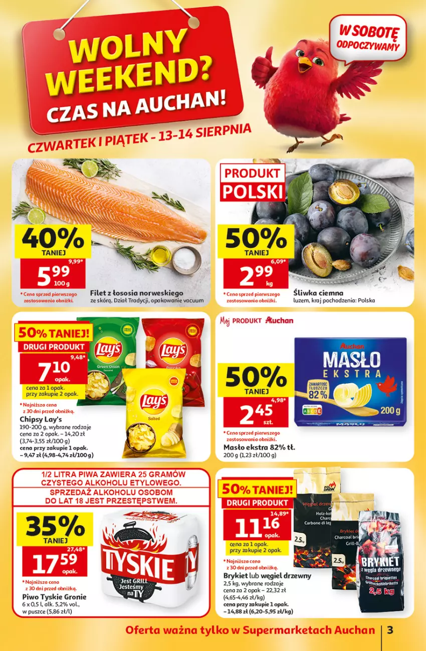 Gazetka promocyjna Auchan - Gazetka 30 Lat Supermarket Auchan - ważna 13.08 do 19.08.2026 - strona 3 - produkty: Chipsy, Masło, Piwo, Sos, Tyskie, Węgiel drzewny