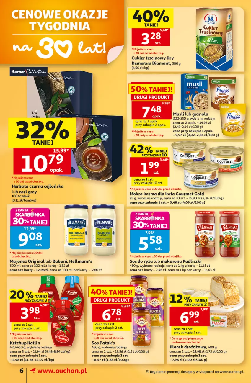 Gazetka promocyjna Auchan - Gazetka 30 Lat Supermarket Auchan - ważna 13.08 do 19.08.2026 - strona 6 - produkty: Babuni, Cukier, Cukier trzcinowy, Diamant, Earl Grey, Gin, Gourmet Gold, Gra, Granola, Herbata, Herbata czarna, Ketchup, Kotlin, LG, Majonez, Makaron, Mokra karma, Mus, Patak's, Pudliszki, Ryż, Sos