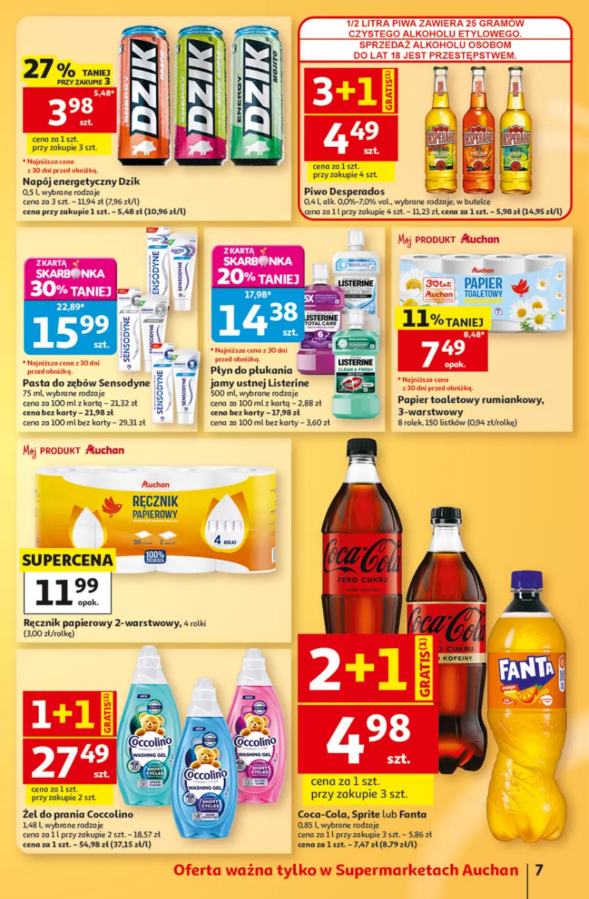 Gazetka promocyjna Auchan - Gazetka 30 Lat Supermarket Auchan - ważna 13.08 do 19.08.2026 - strona 7 - produkty: Coca-Cola, Coccolino, Desperados, Fa, Fanta, Gra, Listerine, Napój, Napój energetyczny, Papier, Papier toaletowy, Pasta do zębów, Piwa, Piwo, Płyn do płukania, Por, Ręcznik, Rolki, Rum, Sensodyne, Sprite