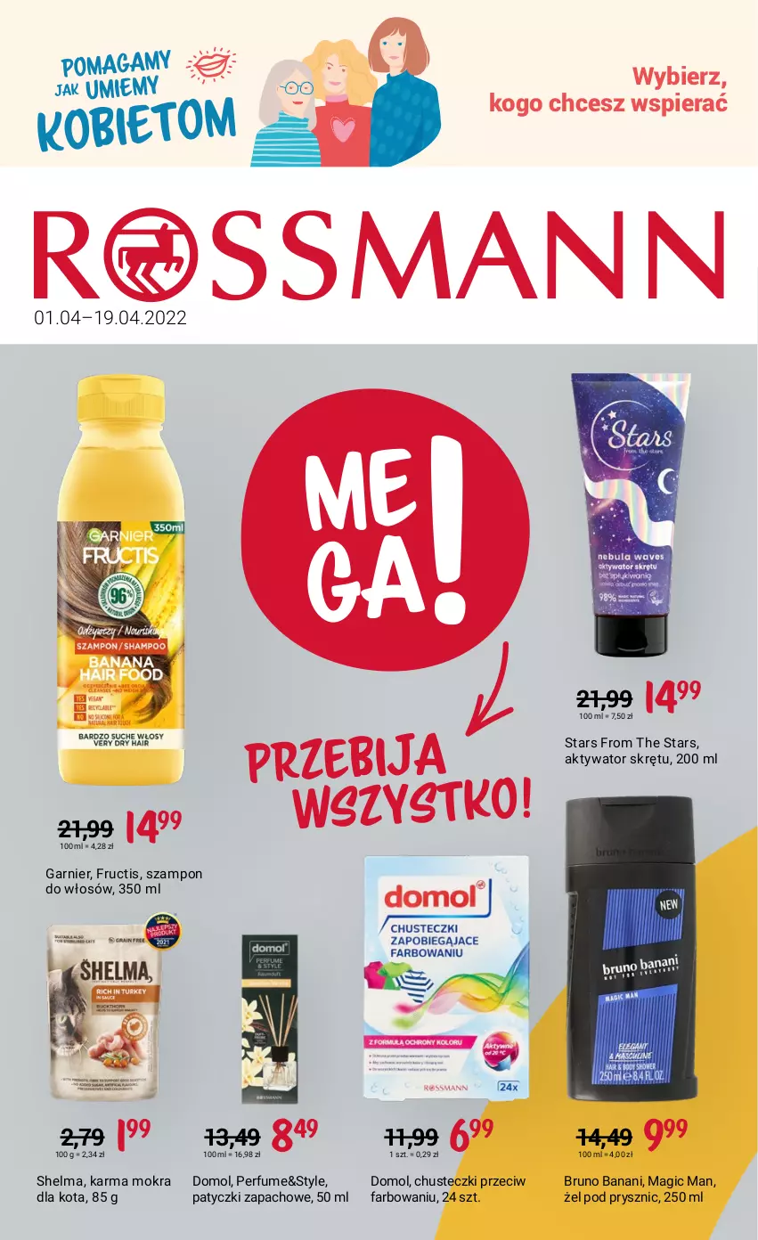 Gazetka promocyjna Rossmann - ważna 01.04 do 19.04.2022 - strona 1 - produkty: Bruno Banani, Chusteczki, Domol, Fa, Fructis, Garnier, Perfum, Szampon