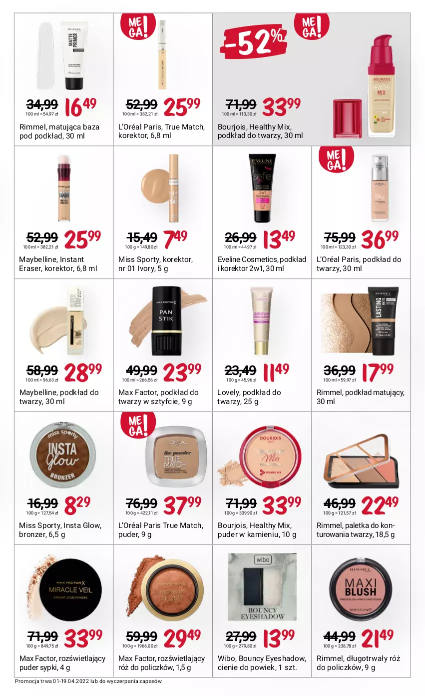 Gazetka promocyjna Rossmann - ważna 01.04 do 19.04.2022 - strona 11 - produkty: Bell, Bourjois, Bronzer, Eveline, Fa, L’Oréal, Lovely, Max Factor, Maybelline, Miss Sporty, Podkład, Podkład do twarzy, Podkład matujący, Por, Puder, Róż do policzków, Ser, Sport, Wibo