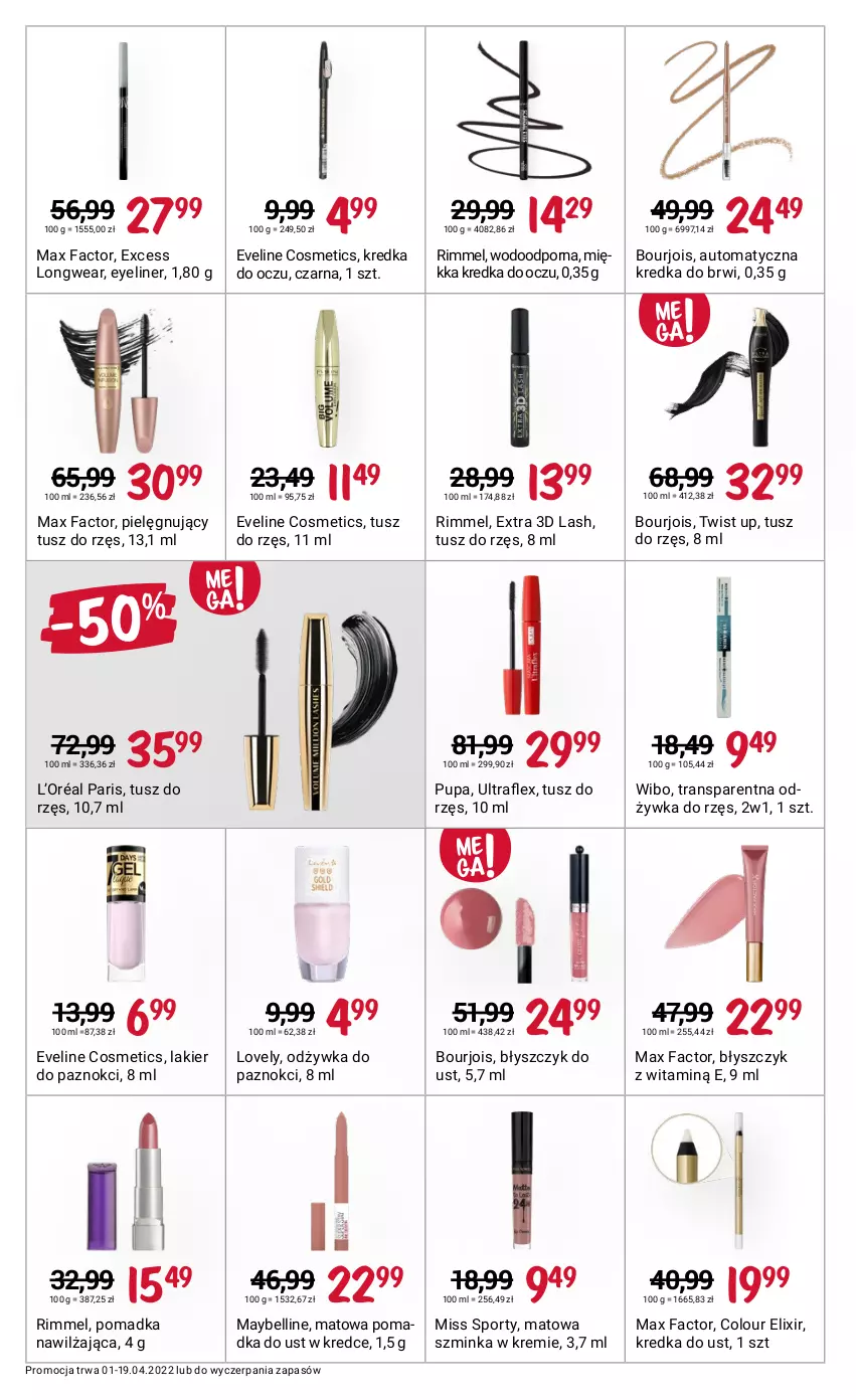 Gazetka promocyjna Rossmann - ważna 01.04 do 19.04.2022 - strona 12 - produkty: Bell, Błyszczyk do ust, Bourjois, Eveline, Fa, Inka, Kredka, Kredka do brwi, L’Oréal, Lakier, Lakier do paznokci, Lovely, Max Factor, Maybelline, Miss Sporty, Odżywka, Por, Pupa, Sport, Szminka, Tran, Tusz, Wibo