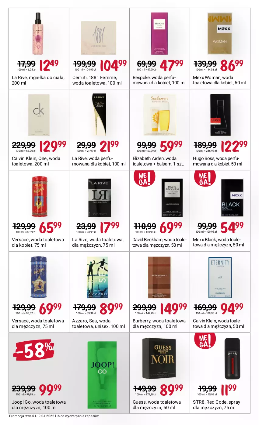 Gazetka promocyjna Rossmann - ważna 01.04 do 19.04.2022 - strona 13 - produkty: Azzaro, Burberry, Calvin Klein, Cerruti, David Beckham, Elizabeth Arden, Hugo Boss, JOOP!, La Rive, Lack, Mexx, Perfum, Str8, Versace, Woda, Woda perfumowana, Woda toaletowa