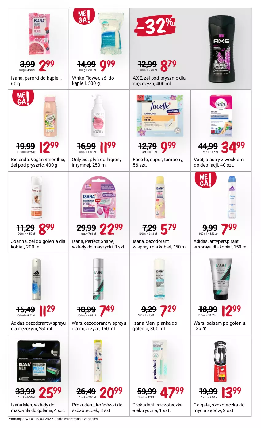 Gazetka promocyjna Rossmann - ważna 01.04 do 19.04.2022 - strona 8 - produkty: Adidas, Antyperspirant, Balsam po goleniu, Bielenda, Colgate, Dezodorant, Fa, Facelle, Isana, Joanna, LG, Pianka do golenia, Płyn do higieny intymnej, Prokudent, Smoothie, Sól, Sól do kąpieli, Szczoteczka, Tampony, Veet