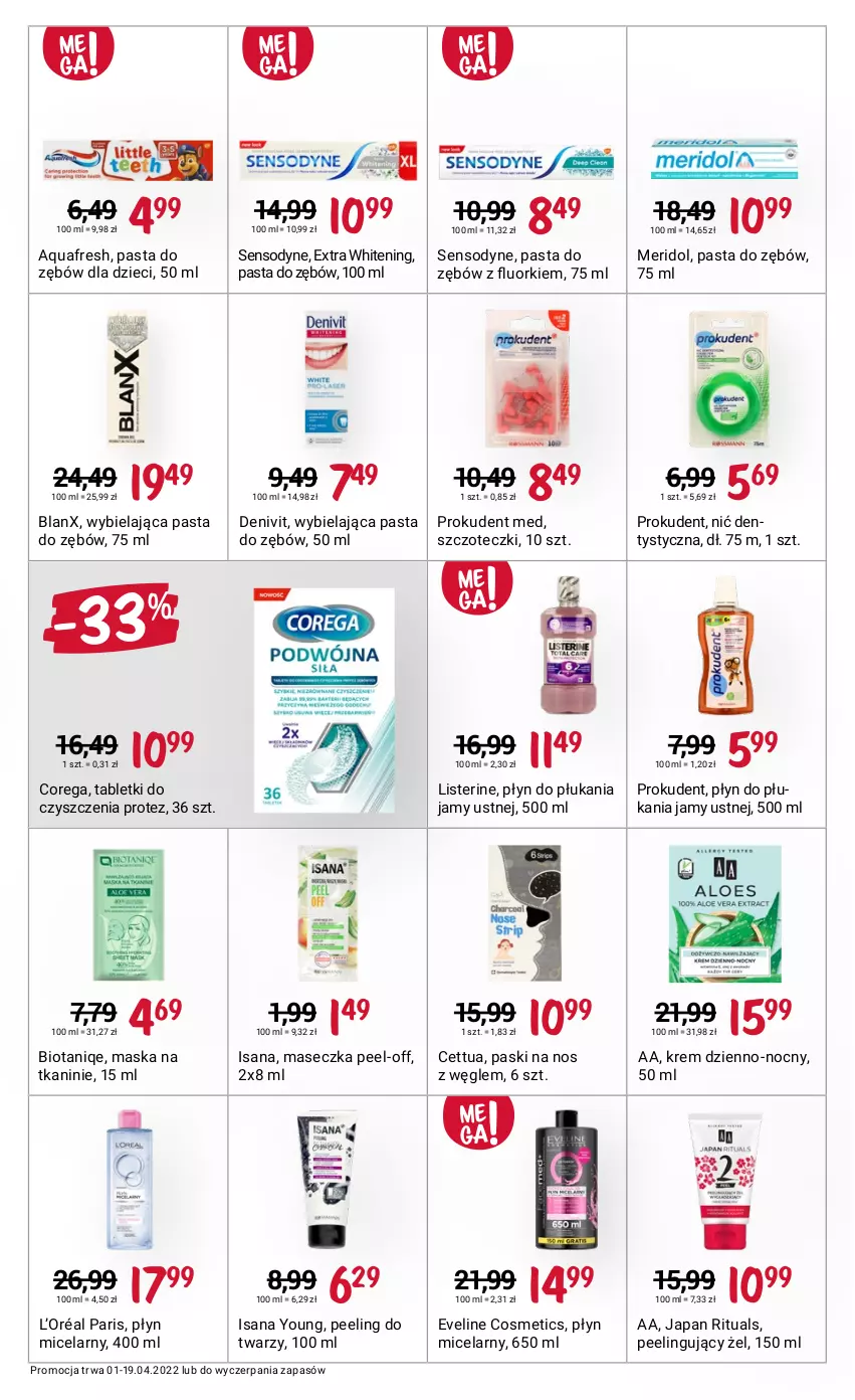 Gazetka promocyjna Rossmann - ważna 01.04 do 19.04.2022 - strona 9 - produkty: Aquafresh, Cettua, Corega, Denivit, Dzieci, Eveline, Isana, L’Oréal, Listerine, Maska, Nić dentystyczna, Pasta do zębów, Peeling, Płyn do płukania, Płyn do płukania jamy ustnej, Płyn micelarny, Prokudent, Sensodyne, Tablet