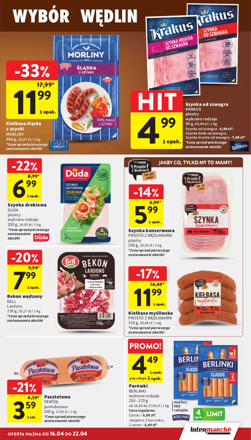 Gazetka promocyjna Intermarche - Gazetka Intermarche - ważna 16.04 do 22.04.2026 - strona 17 - produkty: Beko, Bell, Berlinki, Duda, Gra, Kiełbasa, Kiełbasa śląska, Krakus, Kurczak, Morliny, Parówki, Pasztet, Pekpol, Ser, Szynka, Szynka biała, Szynka konserwowa