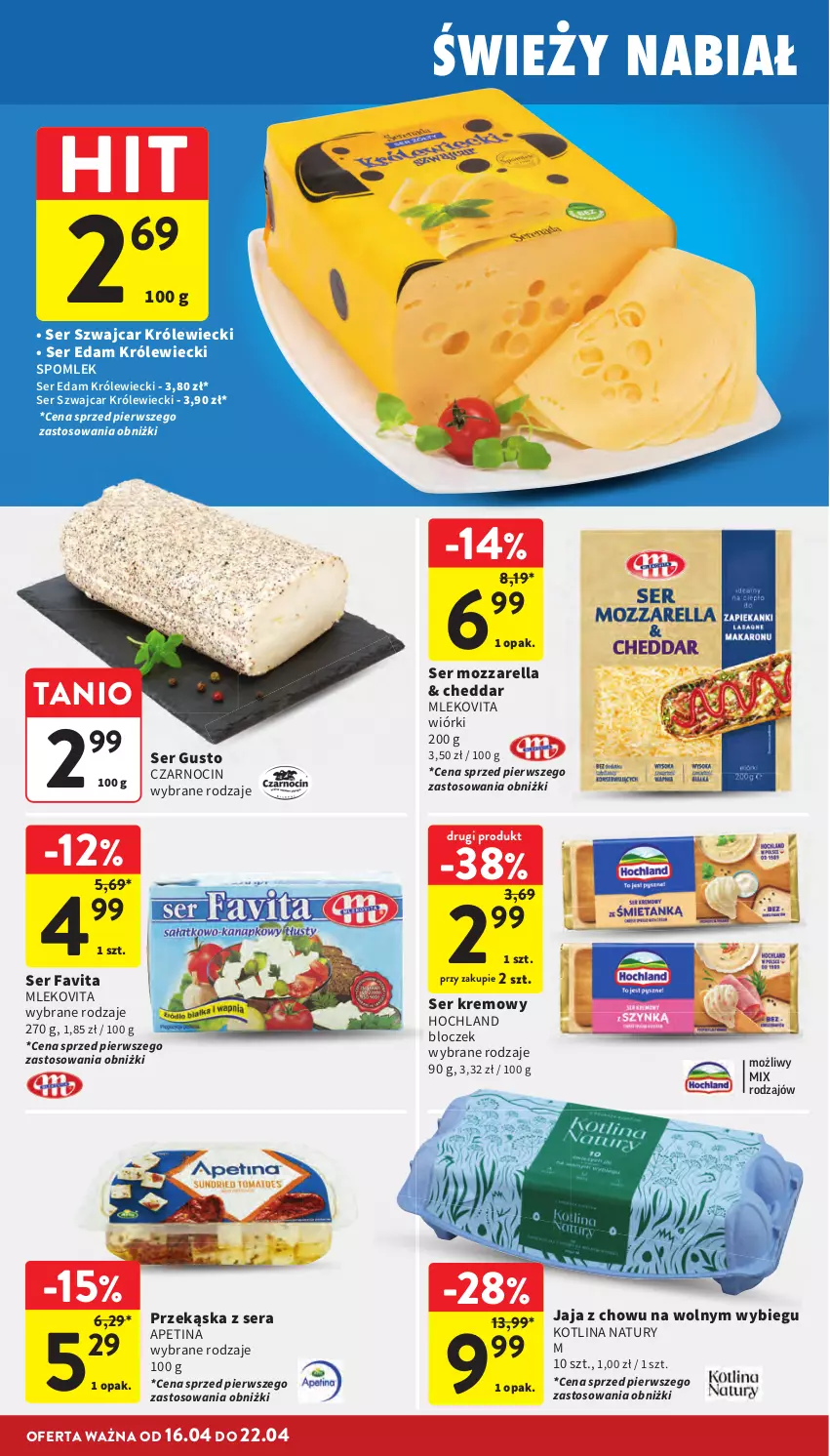 Gazetka promocyjna Intermarche - Gazetka Intermarche - ważna 16.04 do 22.04.2026 - strona 22 - produkty: Cheddar, Edam, Fa, Favita, Hochland, Jaja, Kotlin, Mleko, Mlekovita, Mozzarella, Ser