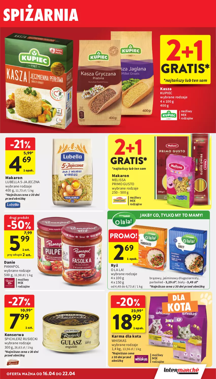 Gazetka promocyjna Intermarche - Gazetka Intermarche - ważna 16.04 do 22.04.2026 - strona 29 - produkty: Bell, Bella, Gra, Kasza, Kupiec, Lubella, Makaron, Piec, Ryż, Ser, Spichlerz Rusiecki, Whiskas