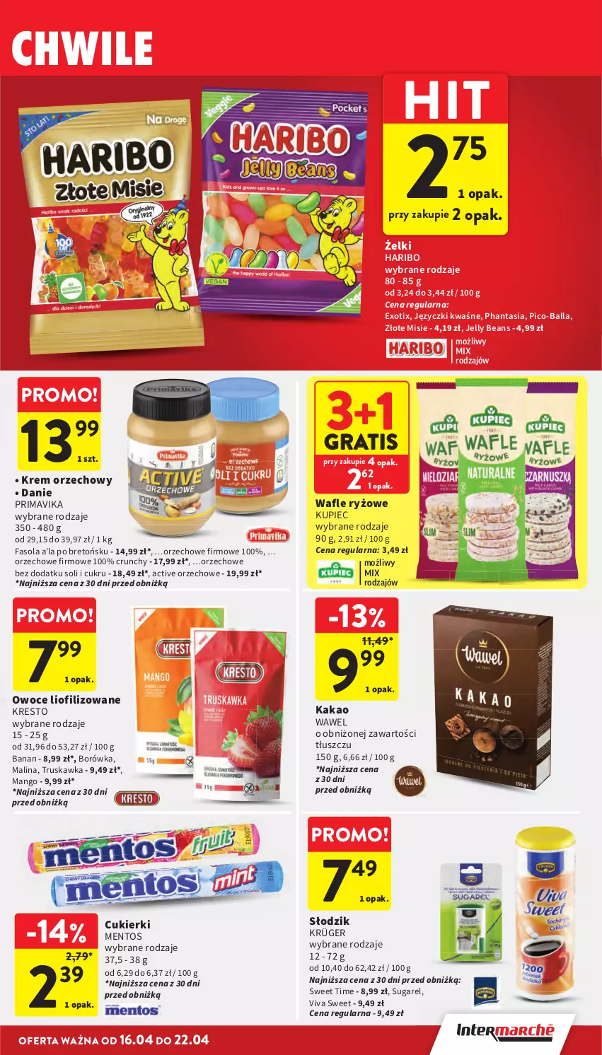 Gazetka promocyjna Intermarche - Gazetka Intermarche - ważna 16.04 do 22.04.2026 - strona 31 - produkty: Borówka, Cukier, Cukierki, Fa, Fasola, Gra, Haribo, Jelly beans, Kakao, Krem orzechowy, Kupiec, Mango, Mentos, Owoce, Pico-Balla, Piec, Prima, Primavika, Ryż, Wafle, Wawel